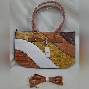 Faux Alligator Large Purse orange, white, brown & yellow with adjustable strap.